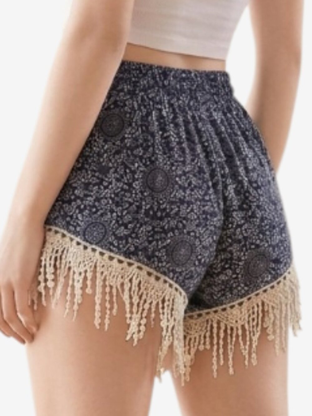 BREEZE EVER- Black/White Paisley Boho Resortwear Shorts Macrame Trim- S